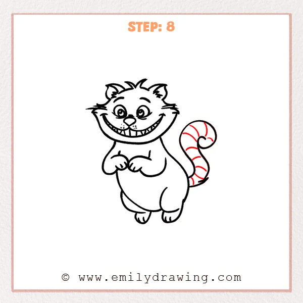 how to draw a cheshire cat - Cheshire Cat now has curved stripe bands added along the curled tail, following the spiral shape.
